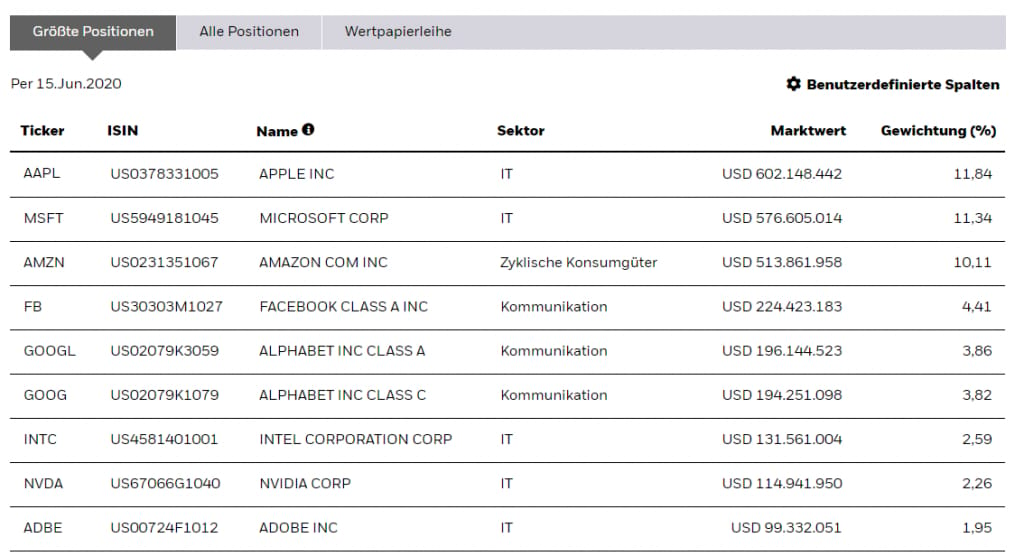 Größte Positionen im Nasdaq100
