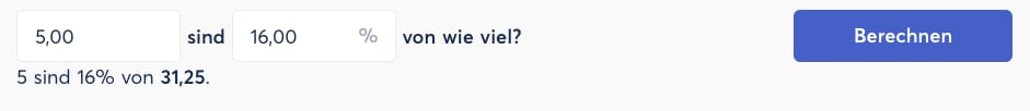 Prozentrechner: Wenn 5,00€ dem Mehrwertsteuersatz von 16% entsprechen, hat das Konsumgut 31,25€ gekostet. 