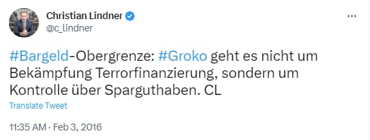 Twitter-Post zur Bargeldobergrenze von Christian Lindner