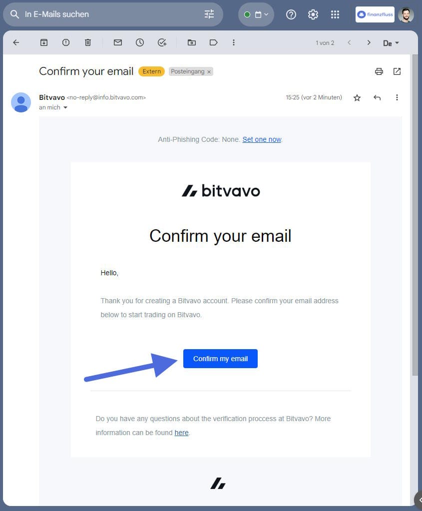 Bestätigung der E-Mail-Adresse bei nach der Erstellung eines Accounts bei Bitvavo.