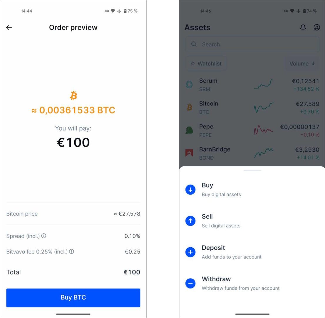 In der Vorschau bei Bitvavo wird direkt angezeigt, was der Preis ist und welche Gebühren man für den Kauf von Bitcoin zahlt. In diesem Beispiel sind es 0,25€ für 100€ Bitcoin und auf den Kurs kommen noch ca. 0,1€ für den Spread dazu.