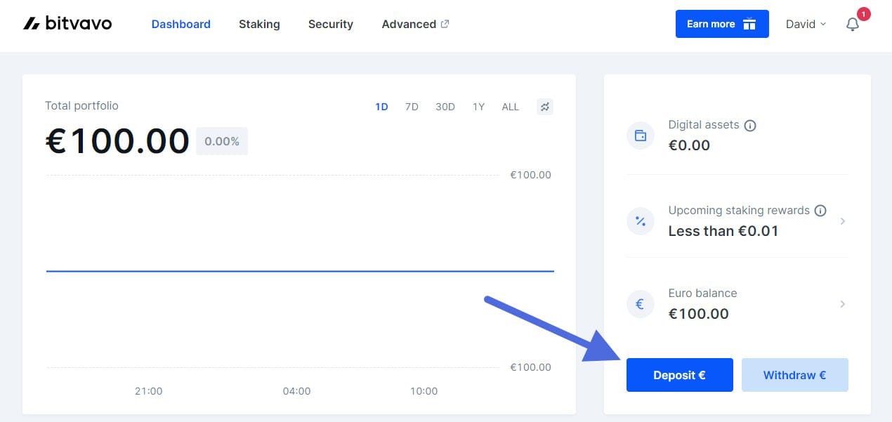 Einzahlung bei der Kryptobörse Bitvavo. Nach dem Klicken auf “Deposit” wird die IBAN des Anbieters angezeigt, zu der man das Geld überweisen soll.