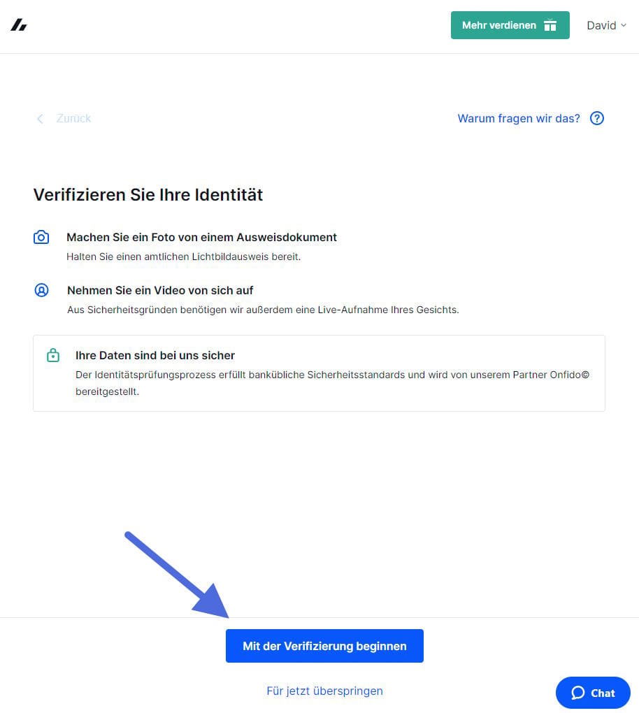 Verifizierungsprozess, auch KYC (Know Your Customer) bei der Kryptobörse Bitvavo.