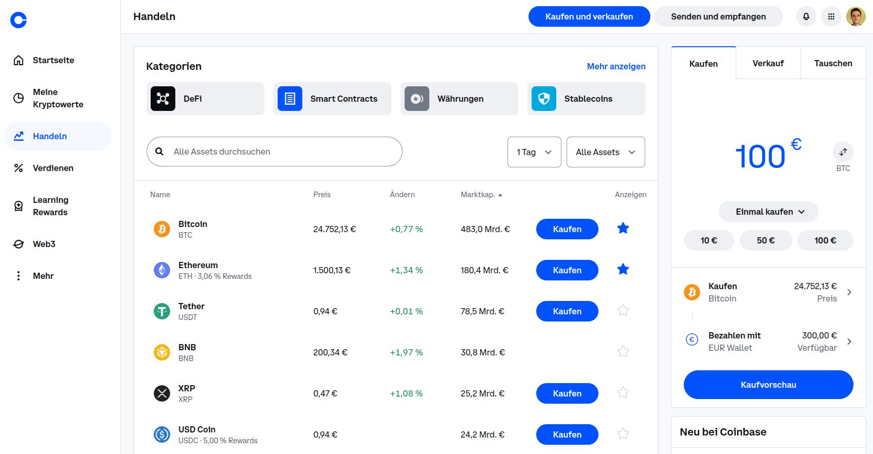 Coinbase Oberfläche beim Handel mit Kryptowährungen und Direktkauf auf der rechten Seite.