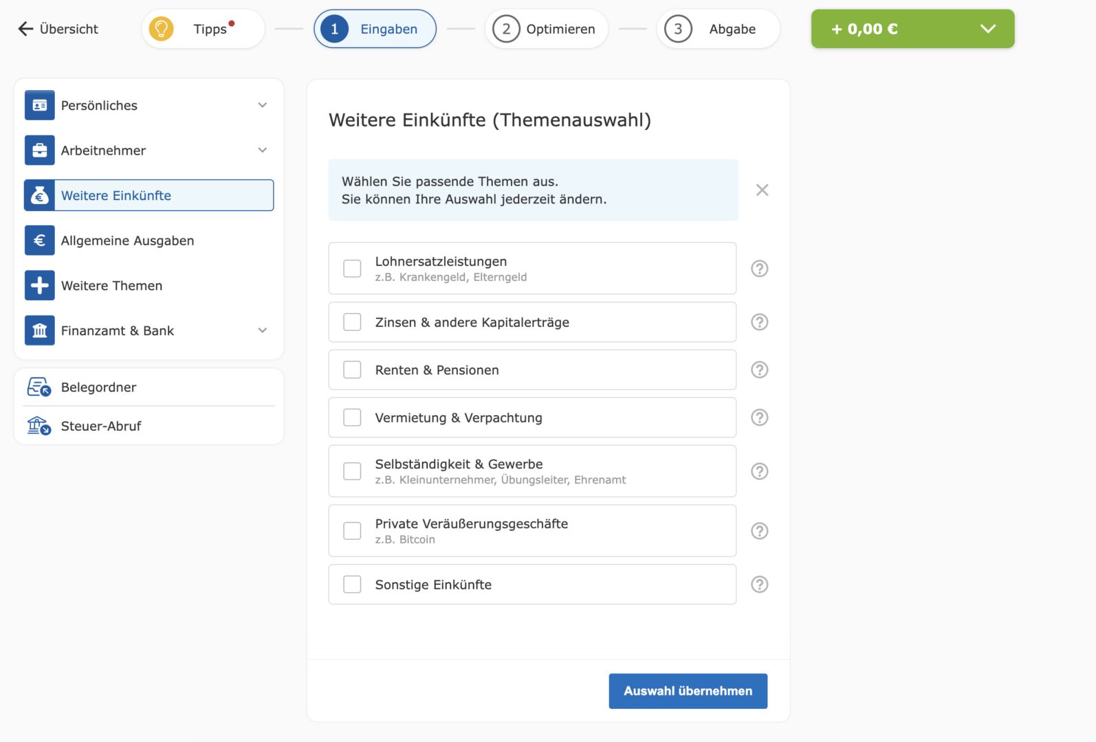 Interface der CHECK24 Steuersoftware