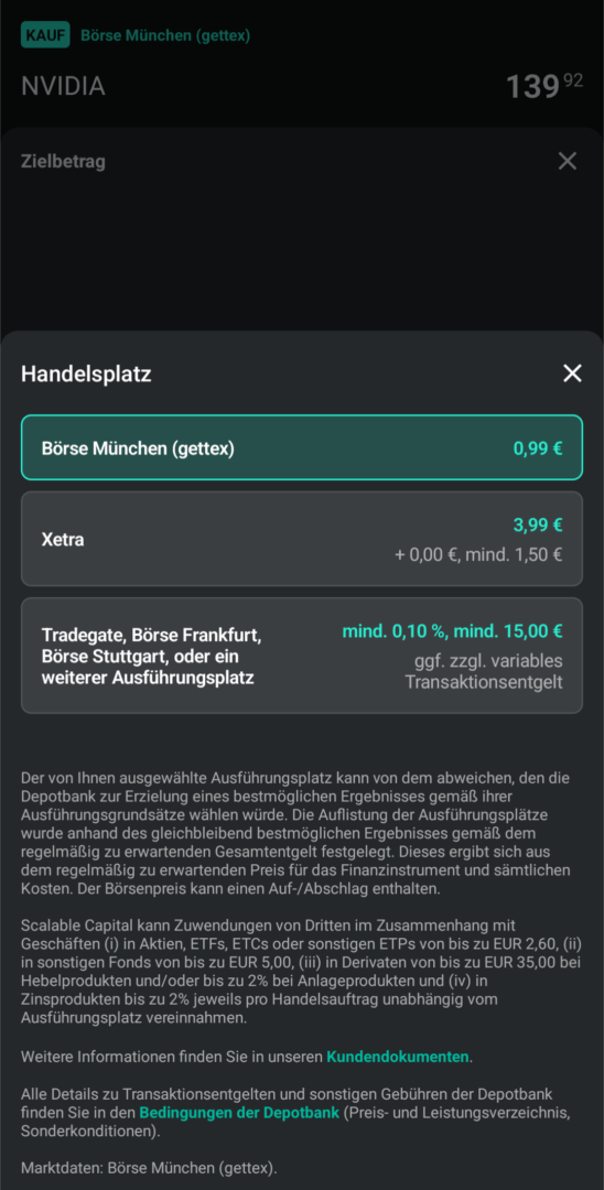 Scalable Capital App Handelsplätze für Aktie