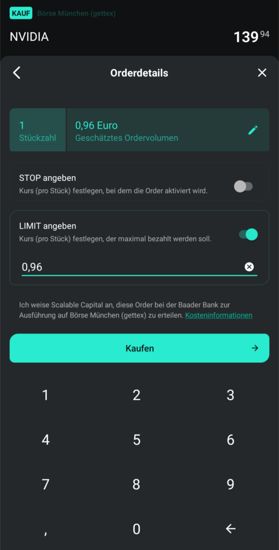 Scalable Capital App Orderdetails für Aktie