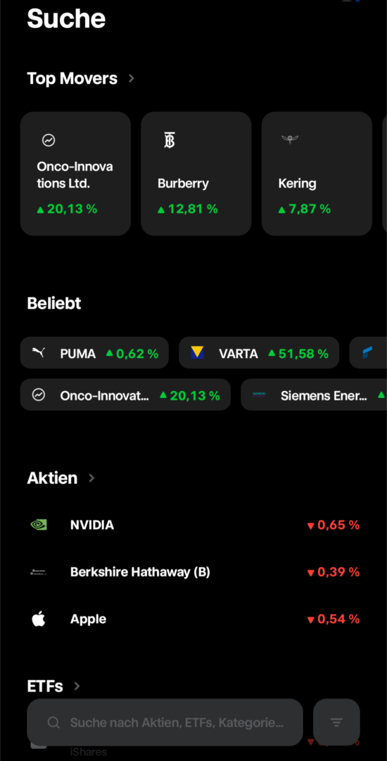 Trade Republic App Suche Übersicht