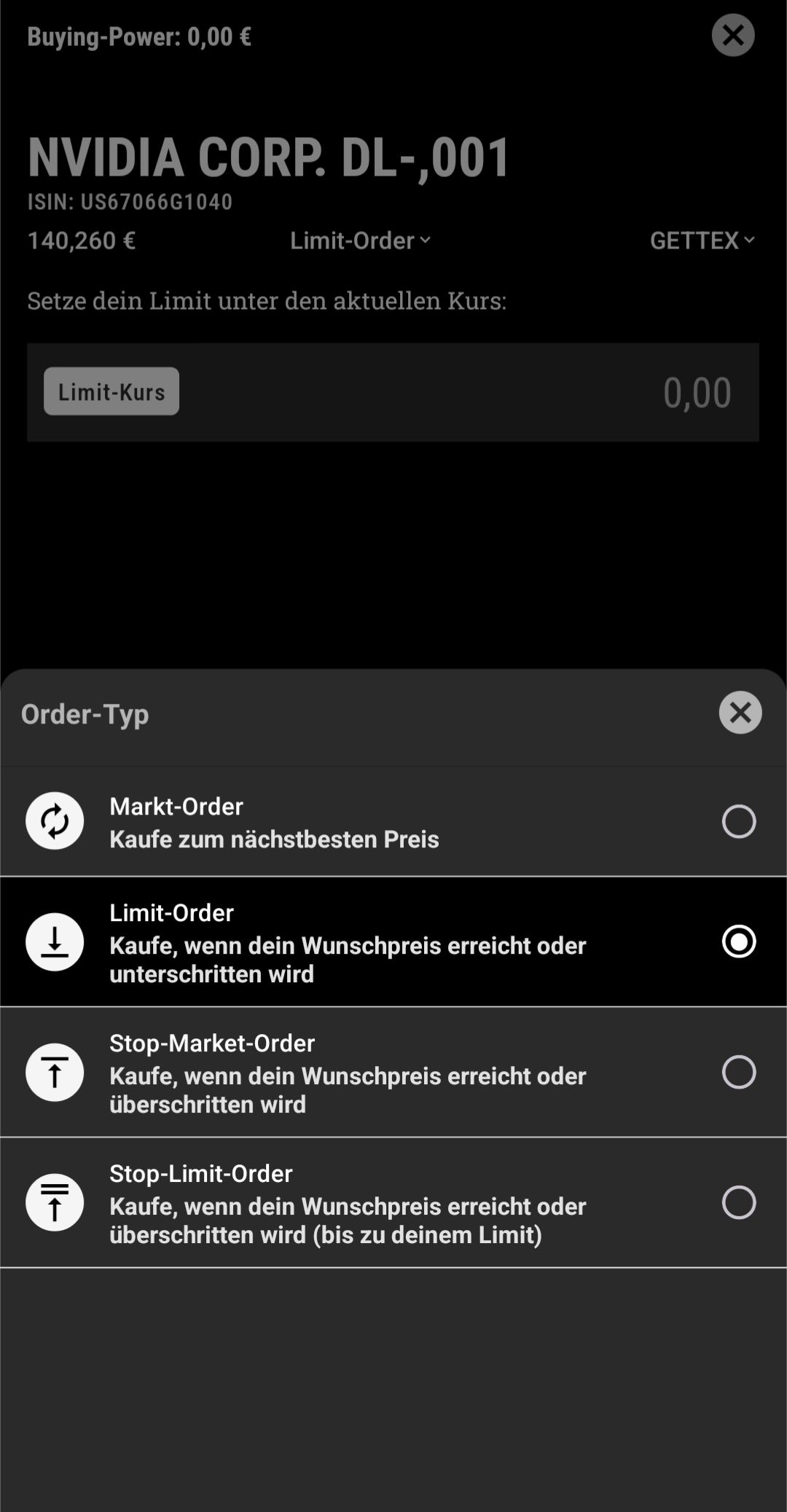 Traders Place App Ordertypen für Aktie