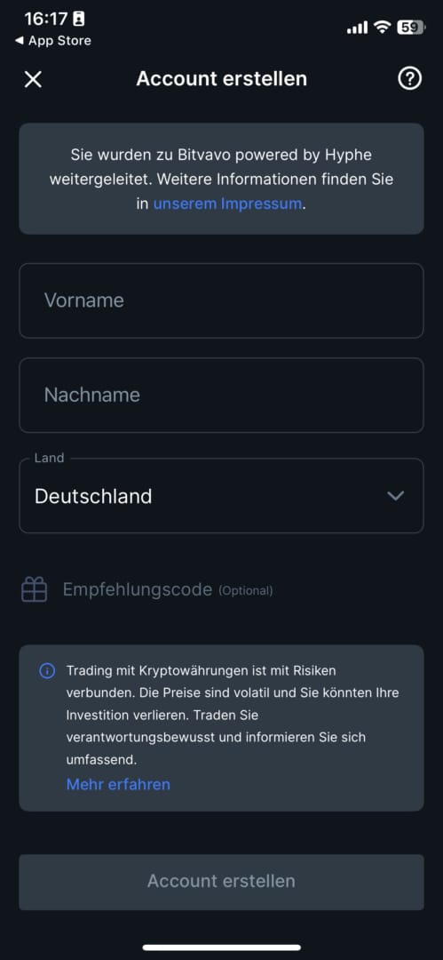 Bitvavo Account erstellen