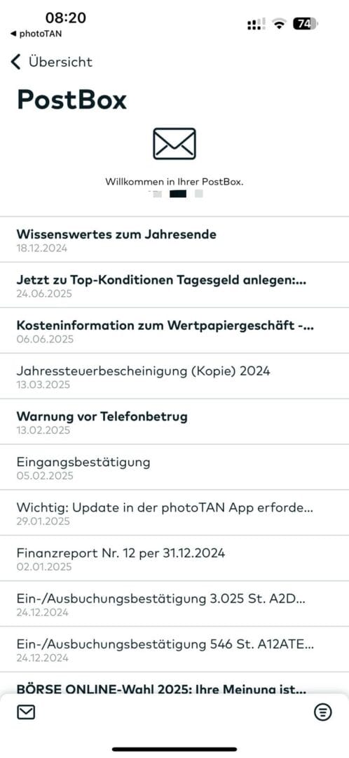Comdirect App PostBox Übersicht