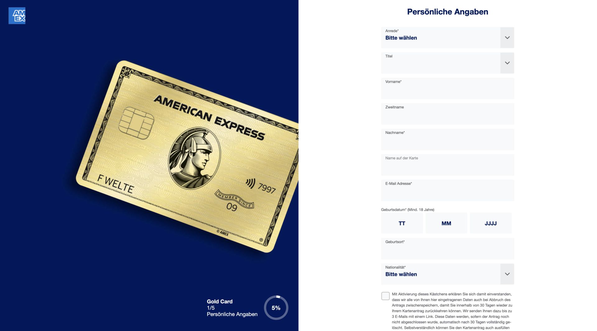 Amex Gold auf der Website beantragen