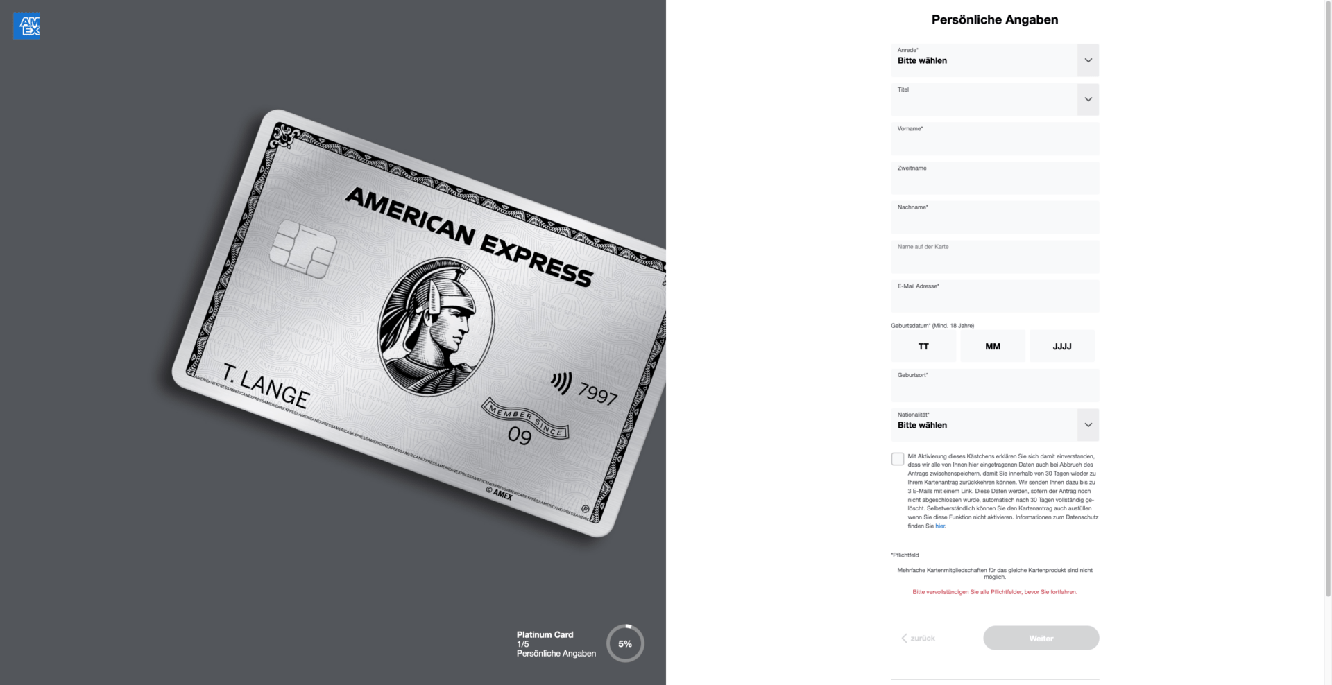 American Express Platinum Card online beantragen