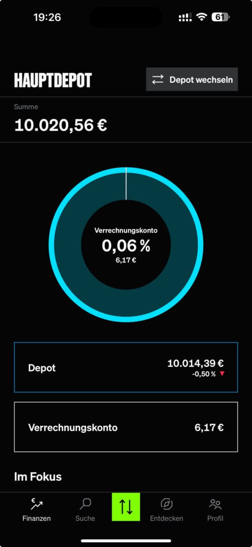 Smartbroker+ App Hauptdepot-Übersicht