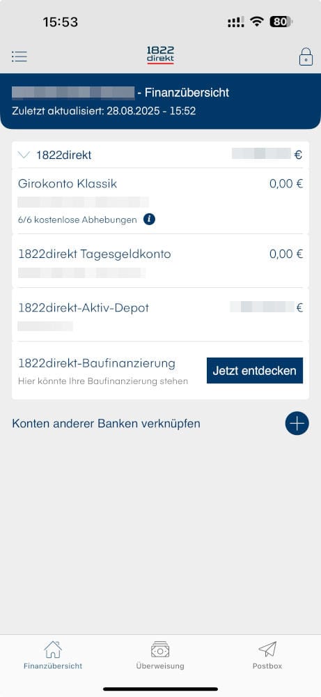 1822direkt Finanzübersicht mehrerer Konten in der App