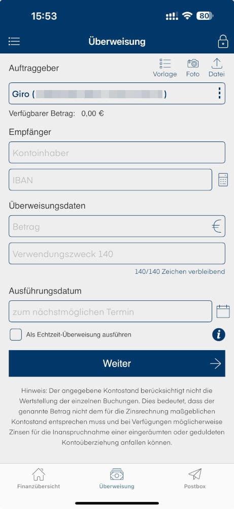 1822direkt Überweisungsseite vom Girokonto in der App