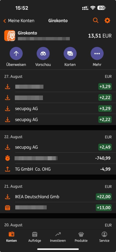 Umsatzübersicht eines Girokontos in der ING App