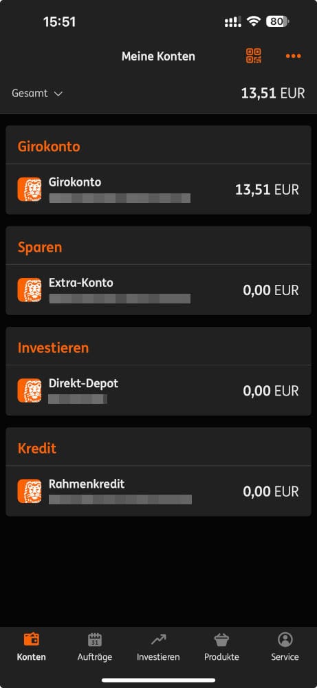 Übersicht der verfügbaren Konten in der ING App