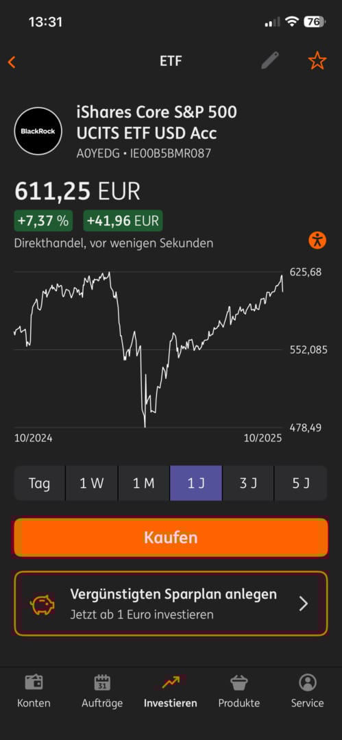 Screenshot der ING App mit Kursverlauf des S&P 500