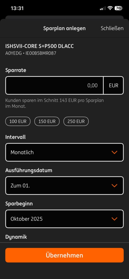 Screenshot der ING App mit Übersicht einen Sparplan aufzusetzen
