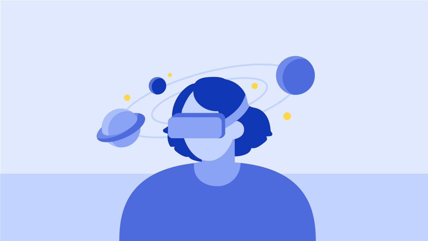 Eine Person mit einer VR-Brille, um deren Kopf mehrere Planeten auf Umlaufbahnen kreisen.