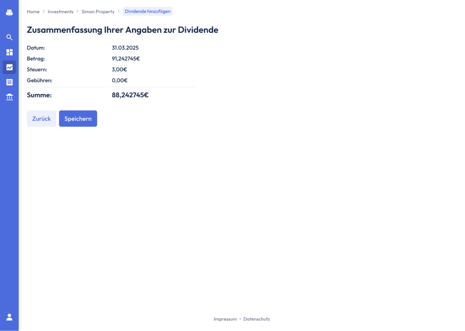 Zusammenfassung Ihrer Angaben zur Dividende mit den ausgefüllten Daten.