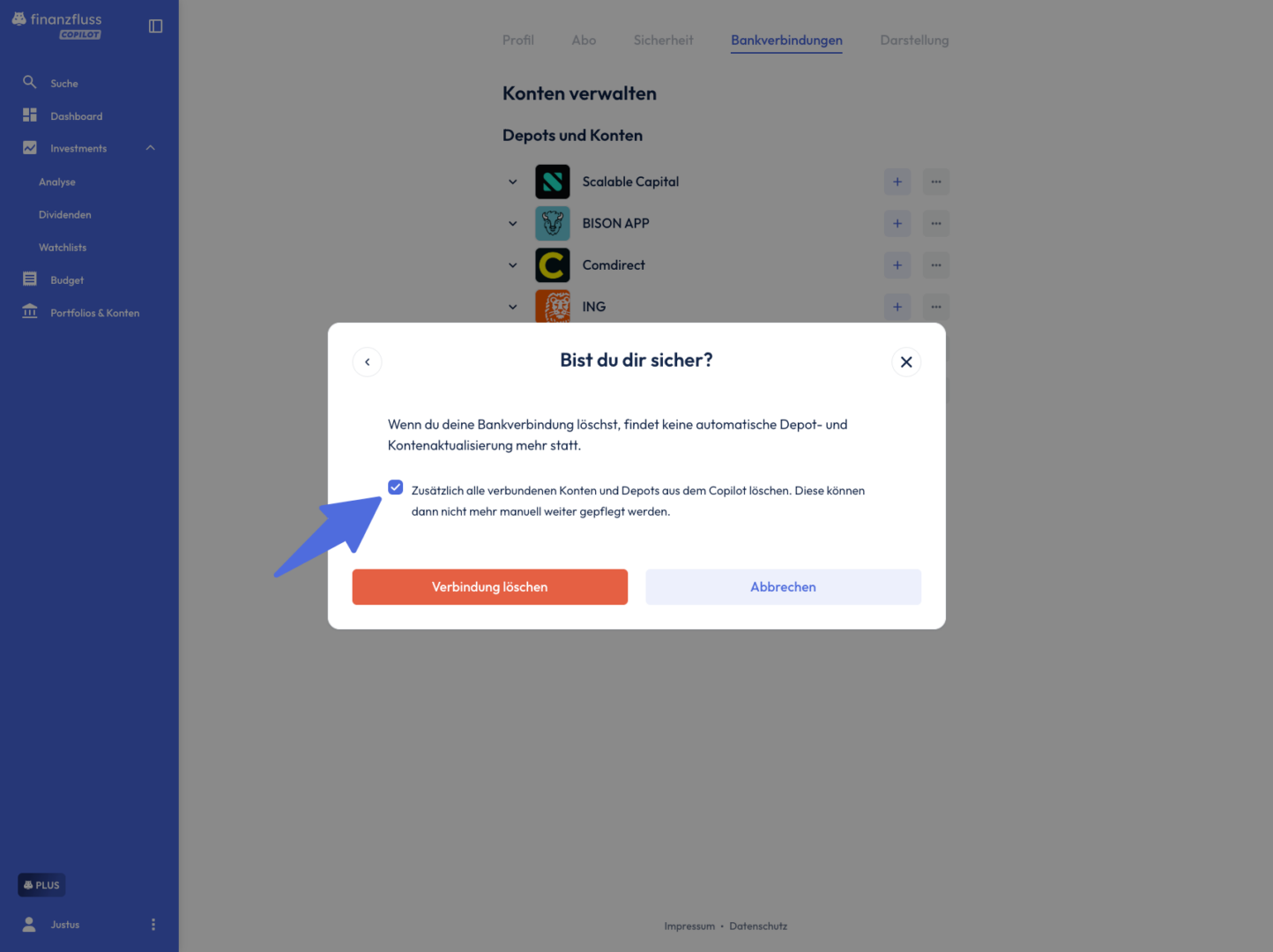 Modal: Bist du dir sicher? Pfeil auf angetickter Box.