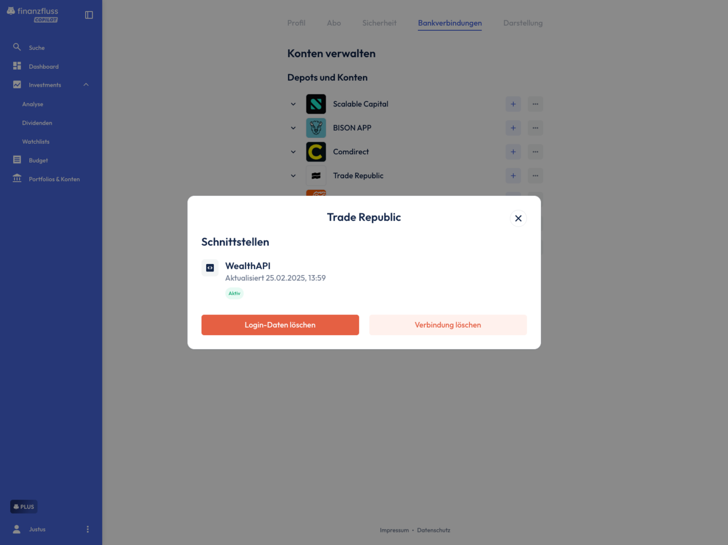 Modal: "Trade Republic" mit Schnittstellen.