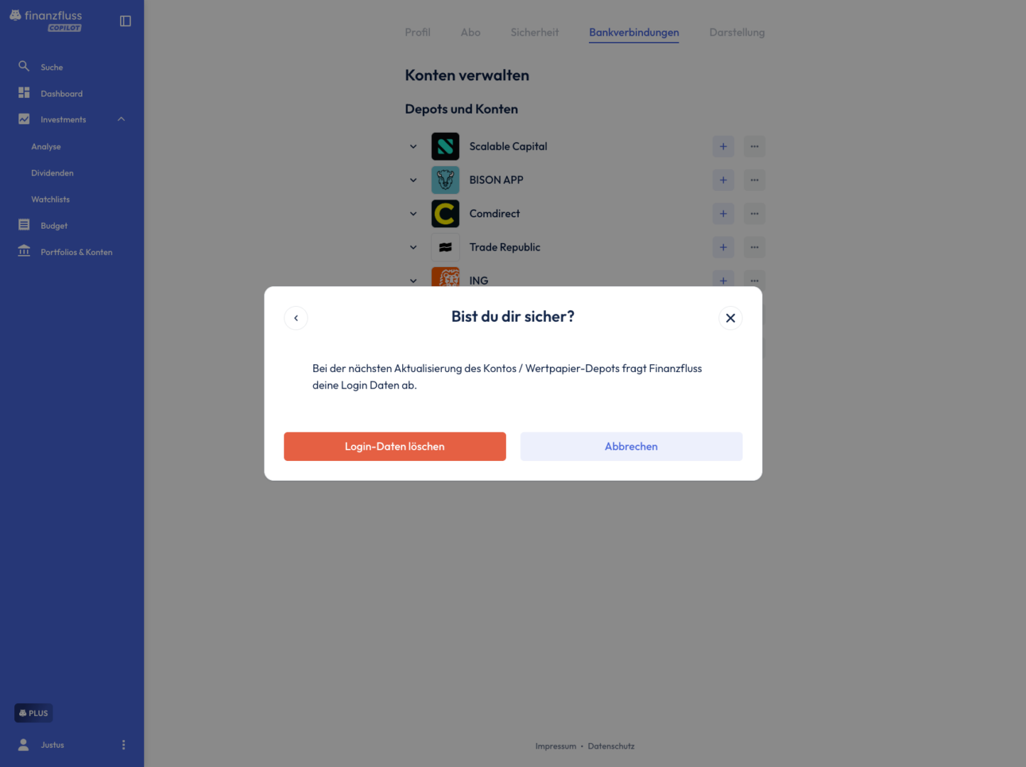 Modal: "Bist du dir sicher?" Login-Daten Löschen