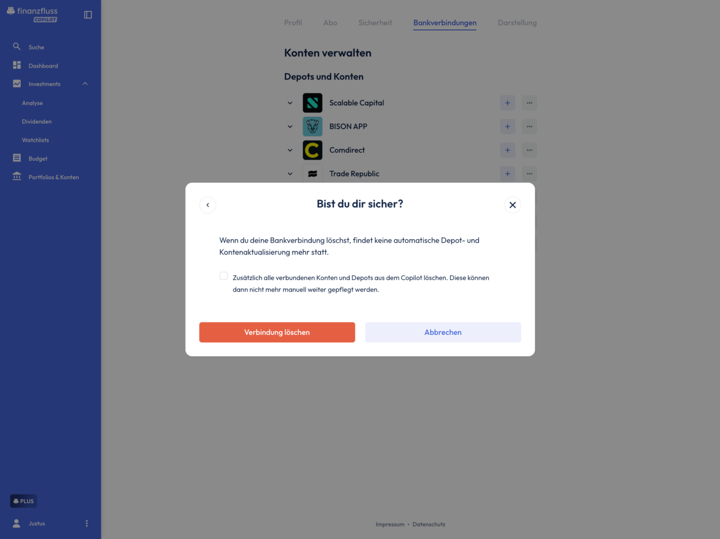 Modal: "Bist du dir sicher?" Verbindung löschen.