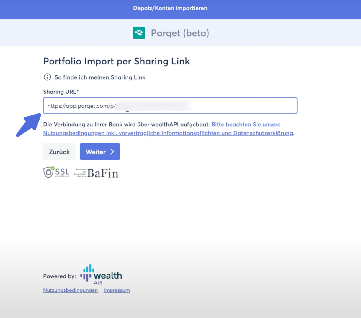 Import maske des Finanzfluss copilot mit pfeil deutend auf das Feld der sharing URL