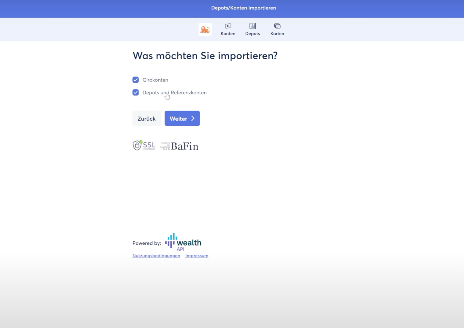 Auswahloberfläche mit Checkboxen für Girokontoen und Depots und Referenzkonten