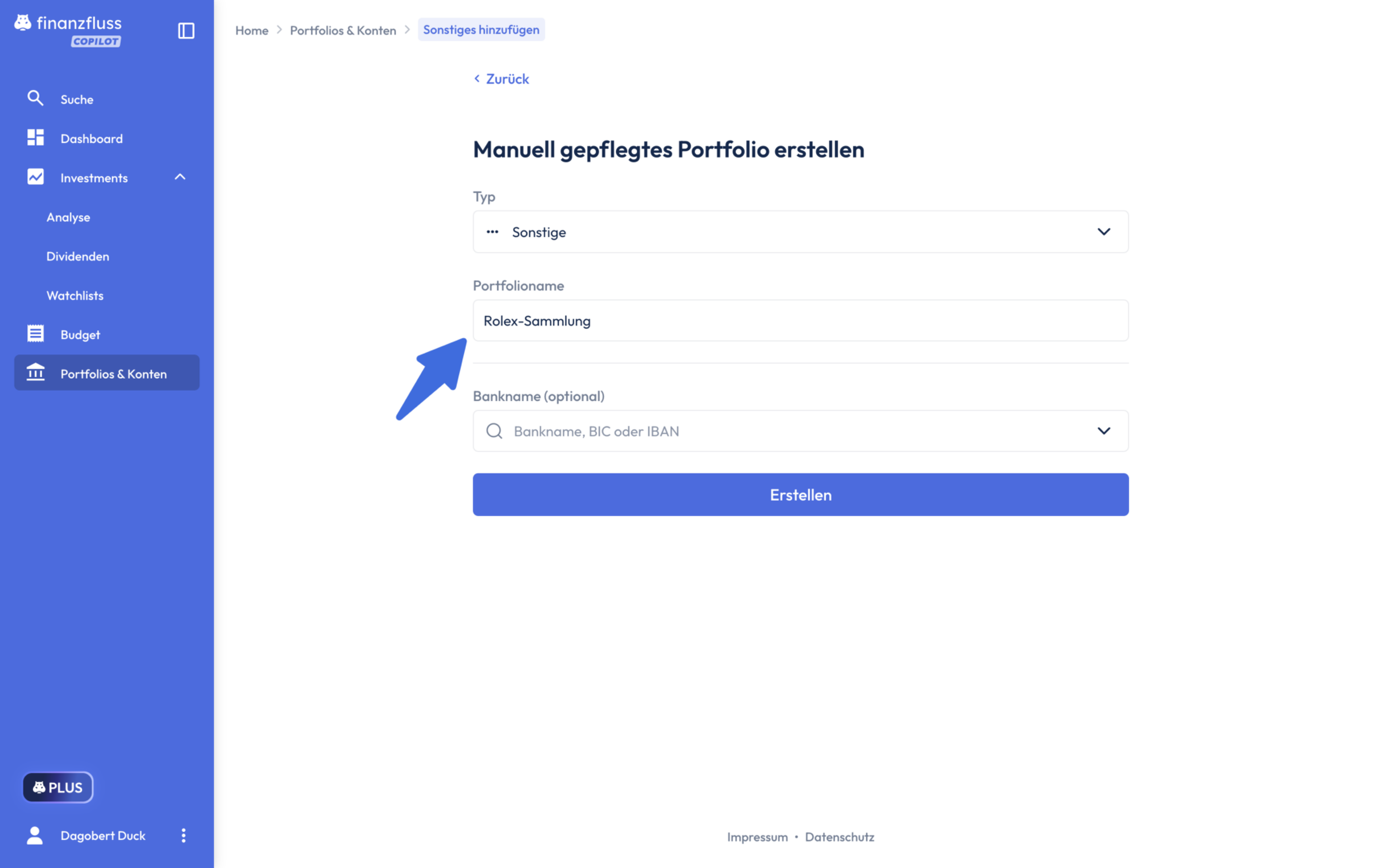 Maske in der das manuelle portfolio erstellt wird