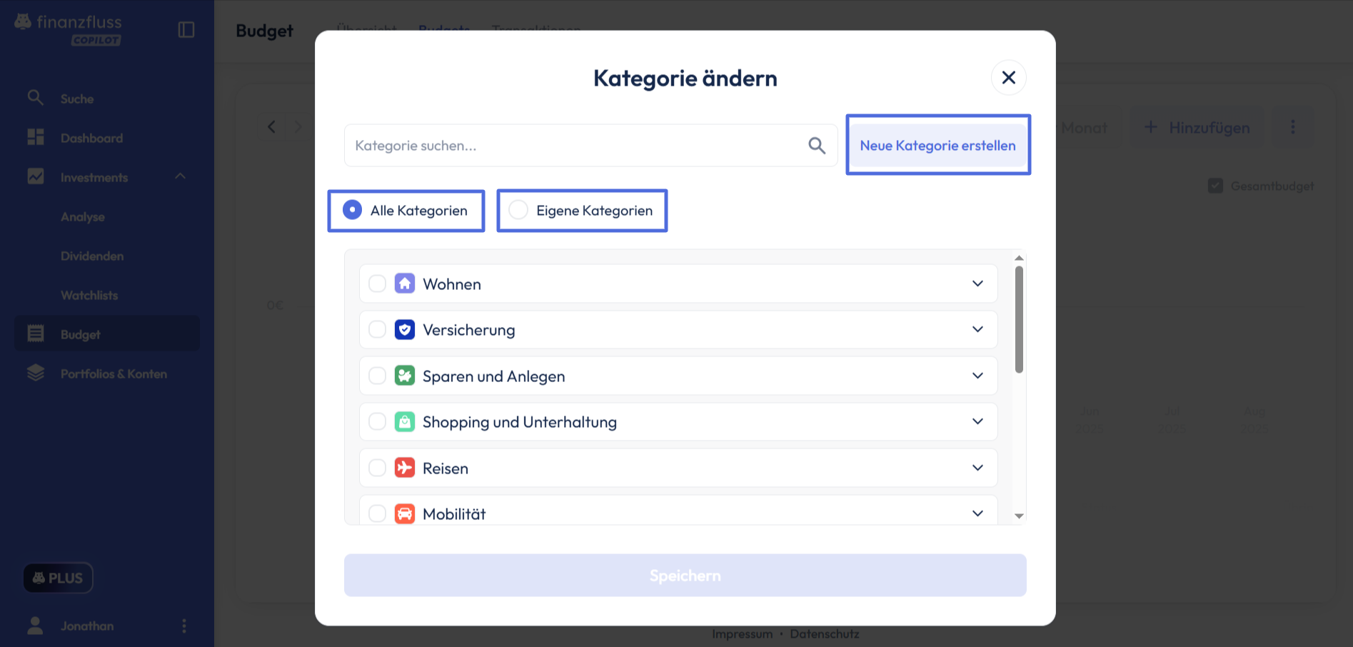 Kategorie des Budgets definieren