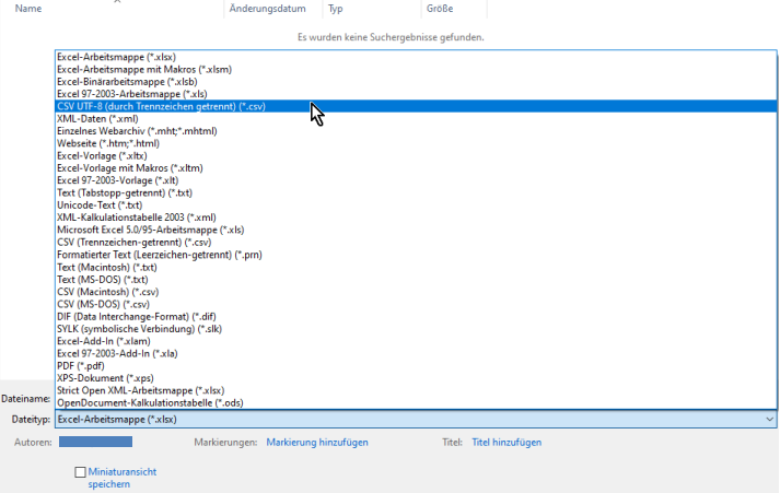 Excel-Datei wird als CSV UTF-8 (durch Trennzeichen getrennt) gespeichert