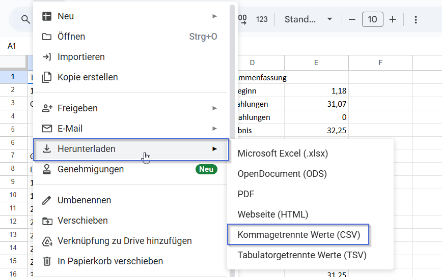 Datei wird in Google Sheets als CSV heruntergeladen