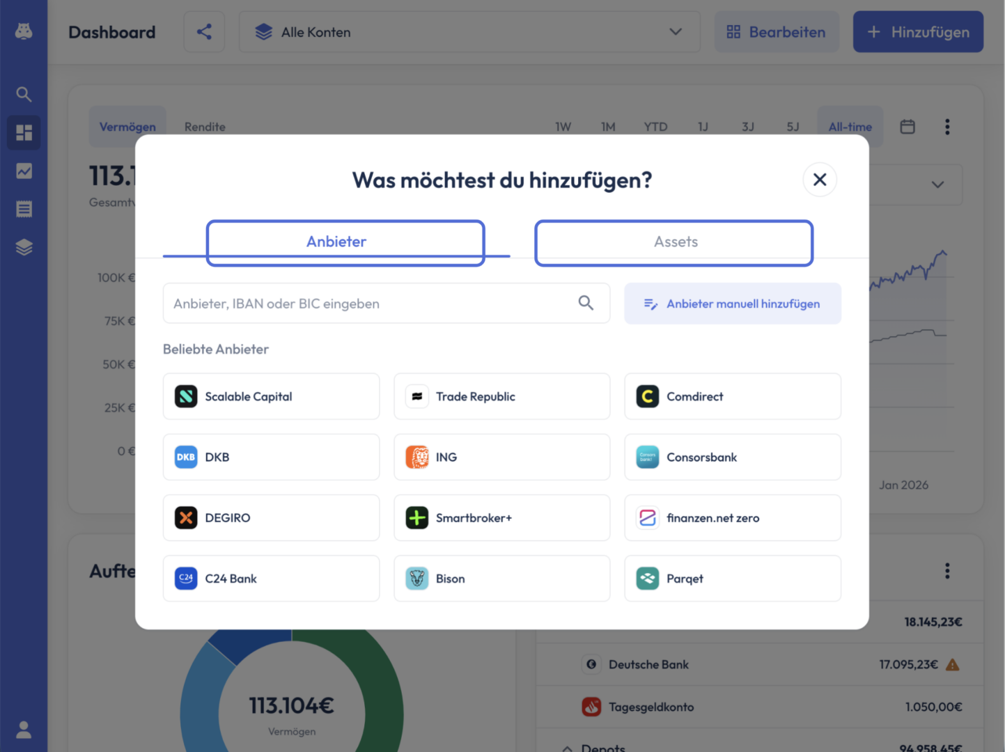 Dialogfenster ‚Was möchtest du hinzufügen?‘ mit den hervorgehobenen Reitern ‚Anbieter‘ und ‚Assets‘ sowie einer Liste beliebter Anbieter wie Scalable Capital, Trade Republic und Comdirect.