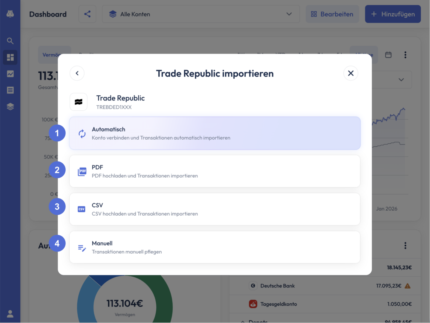 Dialog ‚Trade Republic importieren‘ mit vier nummerierten Importoptionen: 1 Automatisch, 2 PDF, 3 CSV und 4 Manuell.