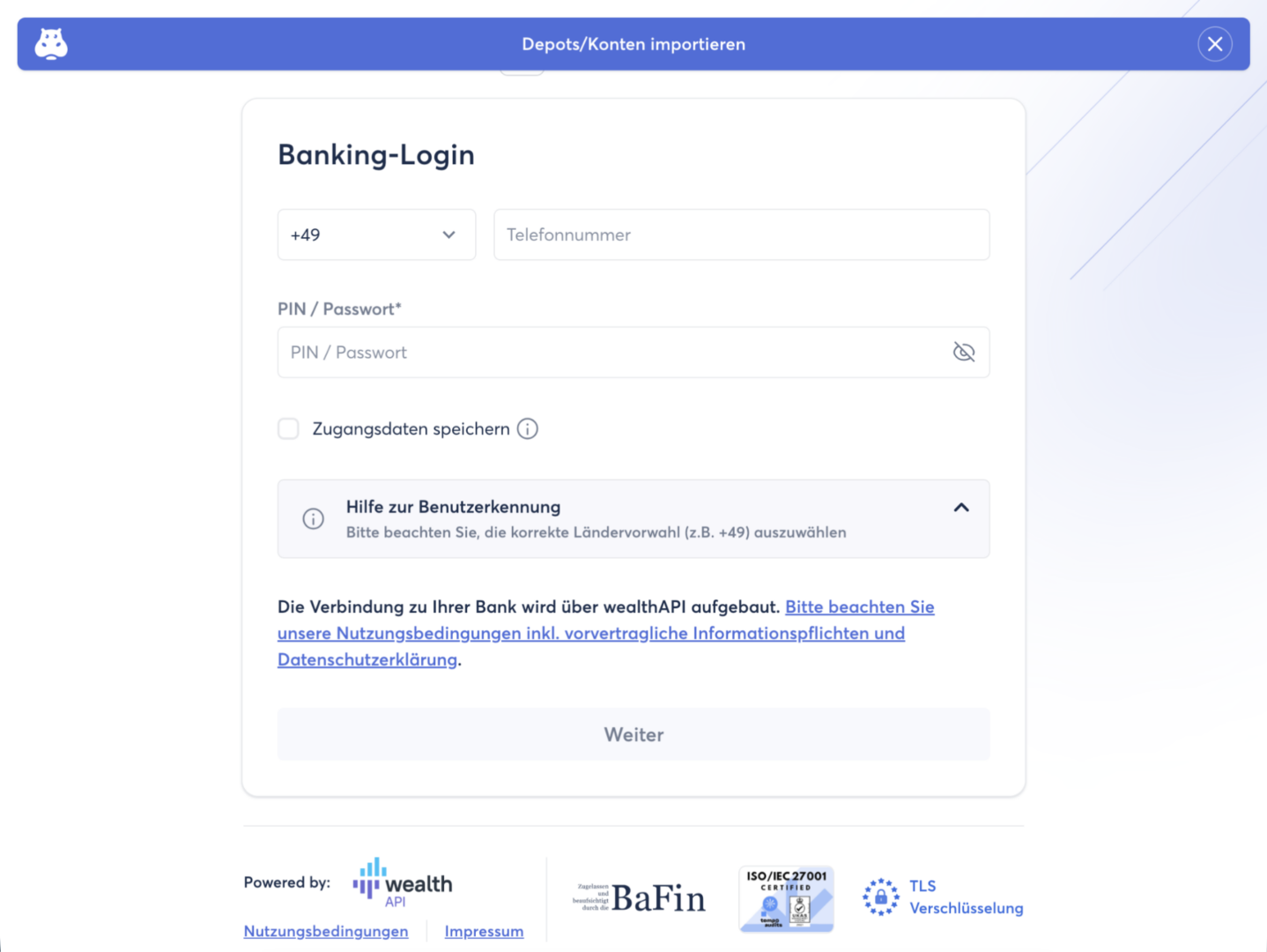 Banking-Login-Fenster zum Importieren von Depots/Konten mit Eingabefeldern für Telefonnummer und PIN/Passwort. Unten Hinweise auf wealthAPI, BaFin-Zulassung, ISO/IEC-27001-Zertifizierung und TLS-Verschlüsselung.