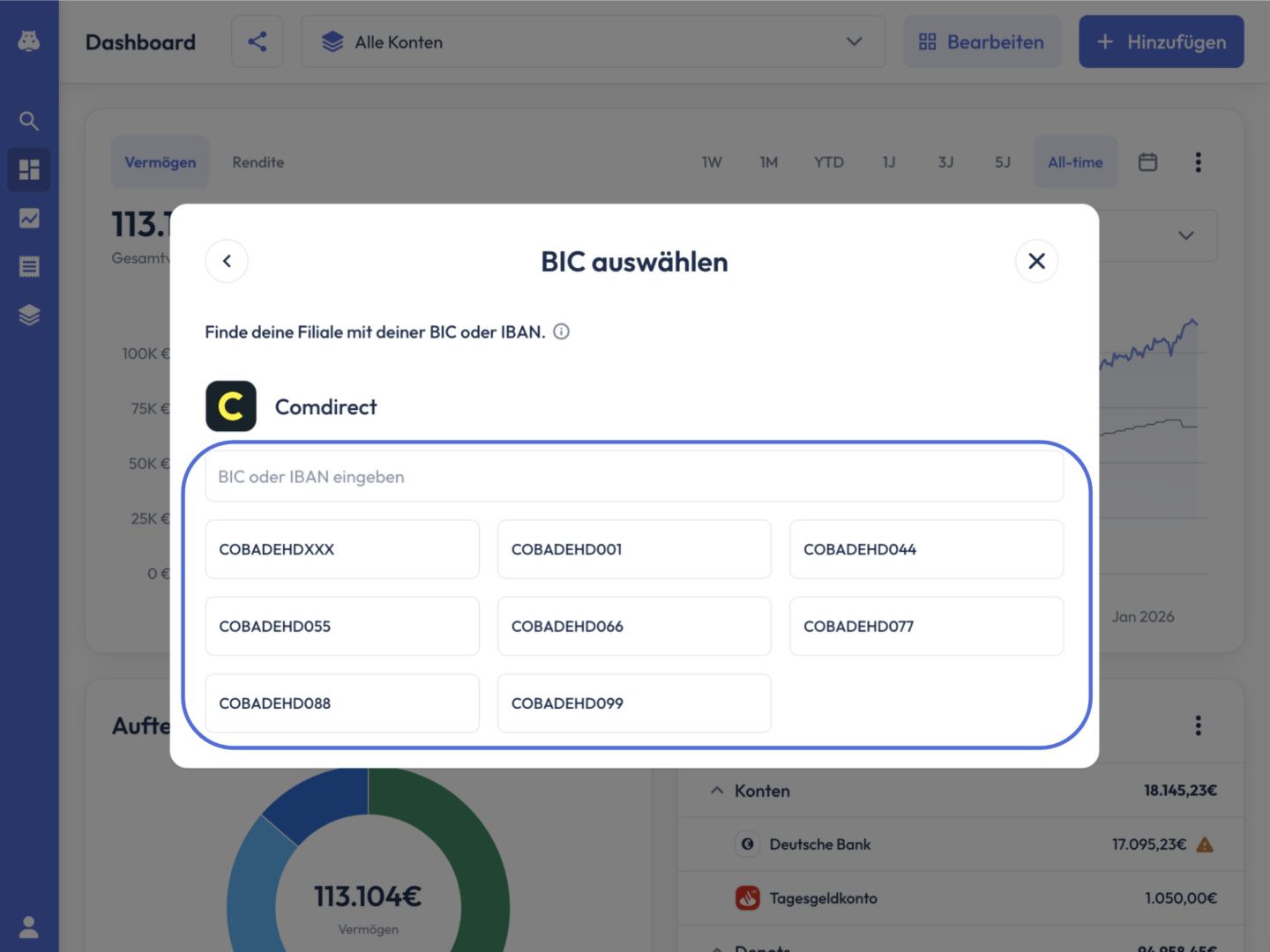 Dialog ‚BIC auswählen‘ für Comdirect mit hervorgehobenem Eingabefeld und einer Liste auswählbarer BIC-Codes (z. B. COBADEHDXXX, COBADEHD001).
