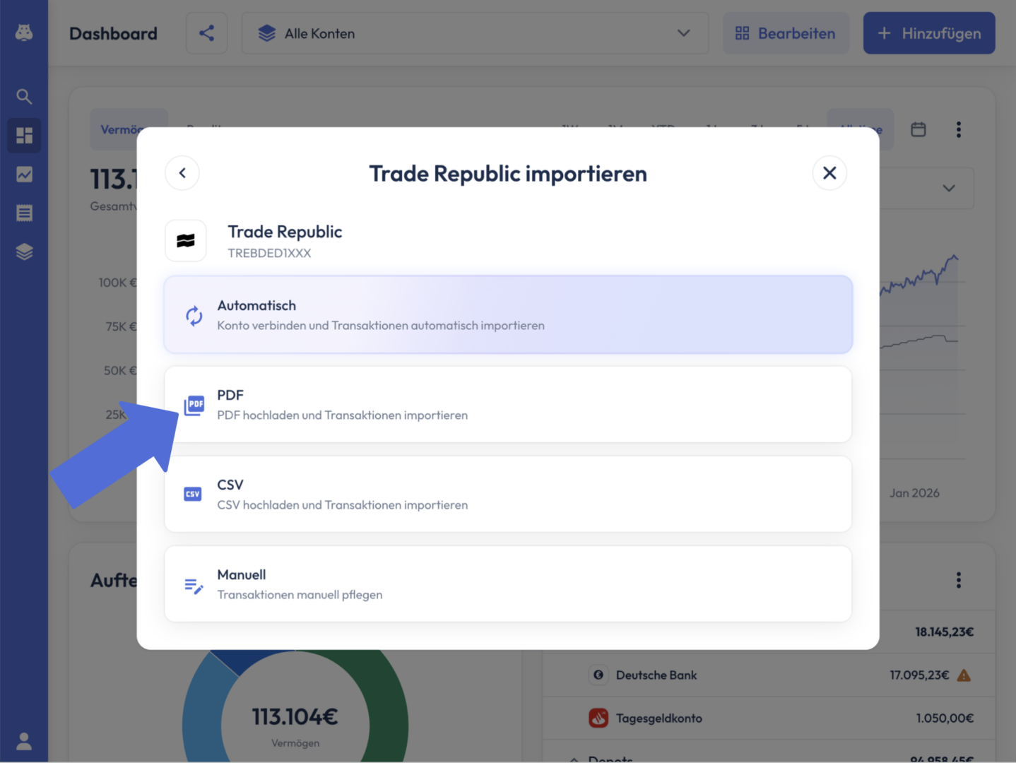 Dialog ‚PDF importieren‘ für Trade Republic mit einem hervorgehobenen Upload-Bereich und dem Button ‚PDF auswählen‘.
