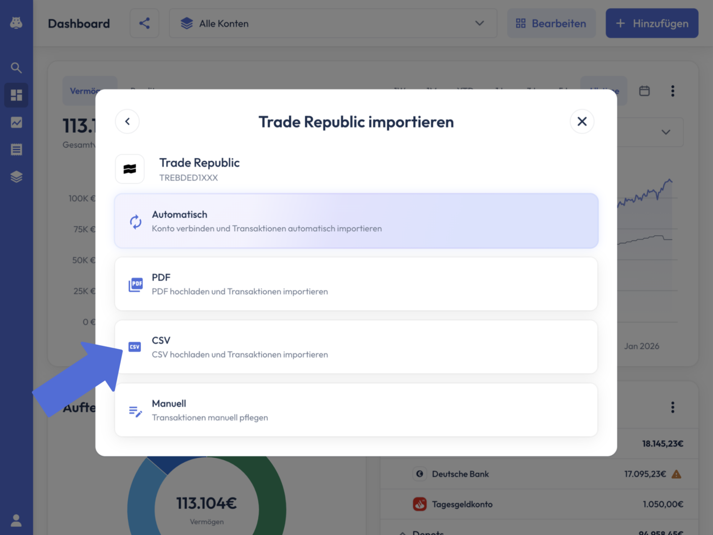 Dialog ‚Trade Republic importieren‘. Ein Pfeil zeigt auf die Importoption ‚CSV – CSV hochladen und Transaktionen importieren‘.