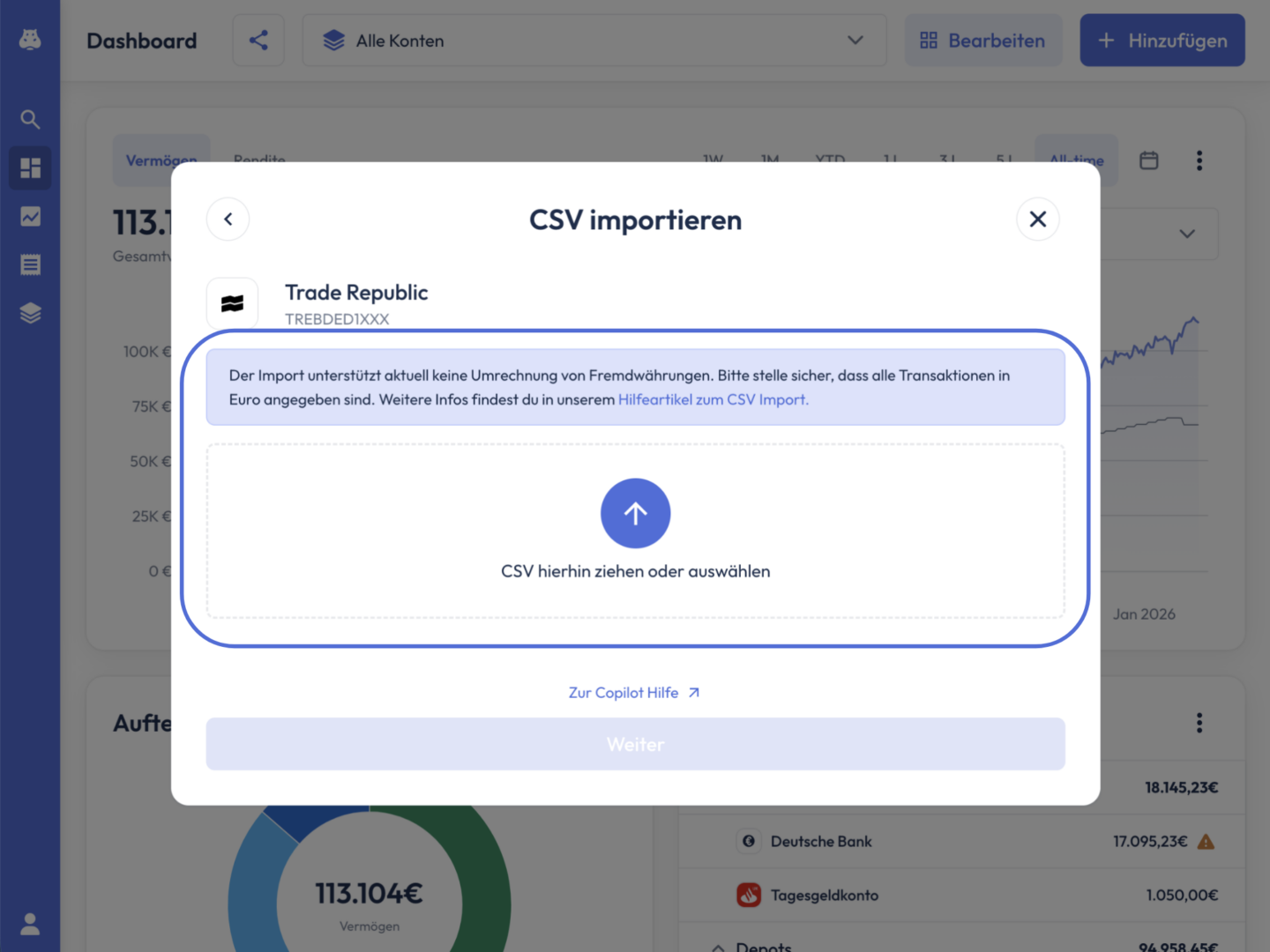Dialog ‚CSV importieren‘ für Trade Republic mit Hinweis, dass keine Fremdwährungs-Umrechnung unterstützt wird, und einem hervorgehobenen Upload-Bereich ‚CSV hierhin ziehen oder auswählen‘.