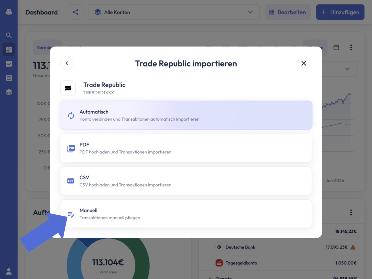 Dialog ‚Trade Republic importieren‘. Ein Pfeil zeigt auf die Importoption ‚Manuell – Transaktionen manuell pflegen‘.