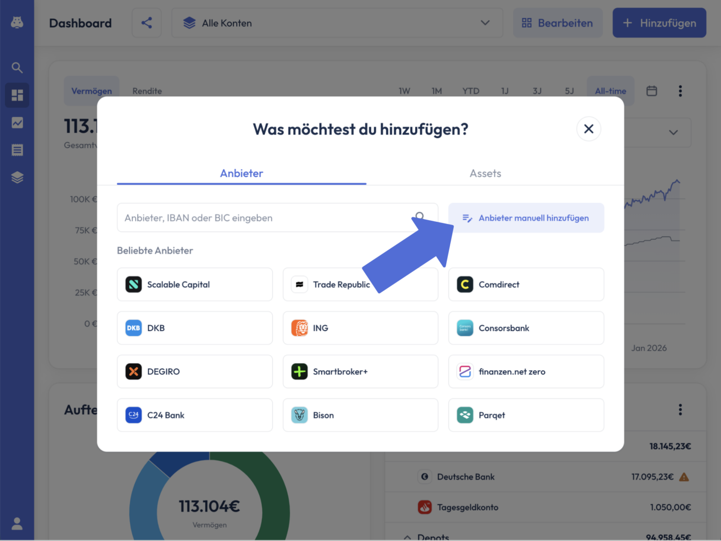 Dialog ‚Was möchtest du hinzufügen?‘ im Reiter ‚Anbieter‘. Ein Pfeil zeigt auf den Button ‚Anbieter manuell hinzufügen‘.