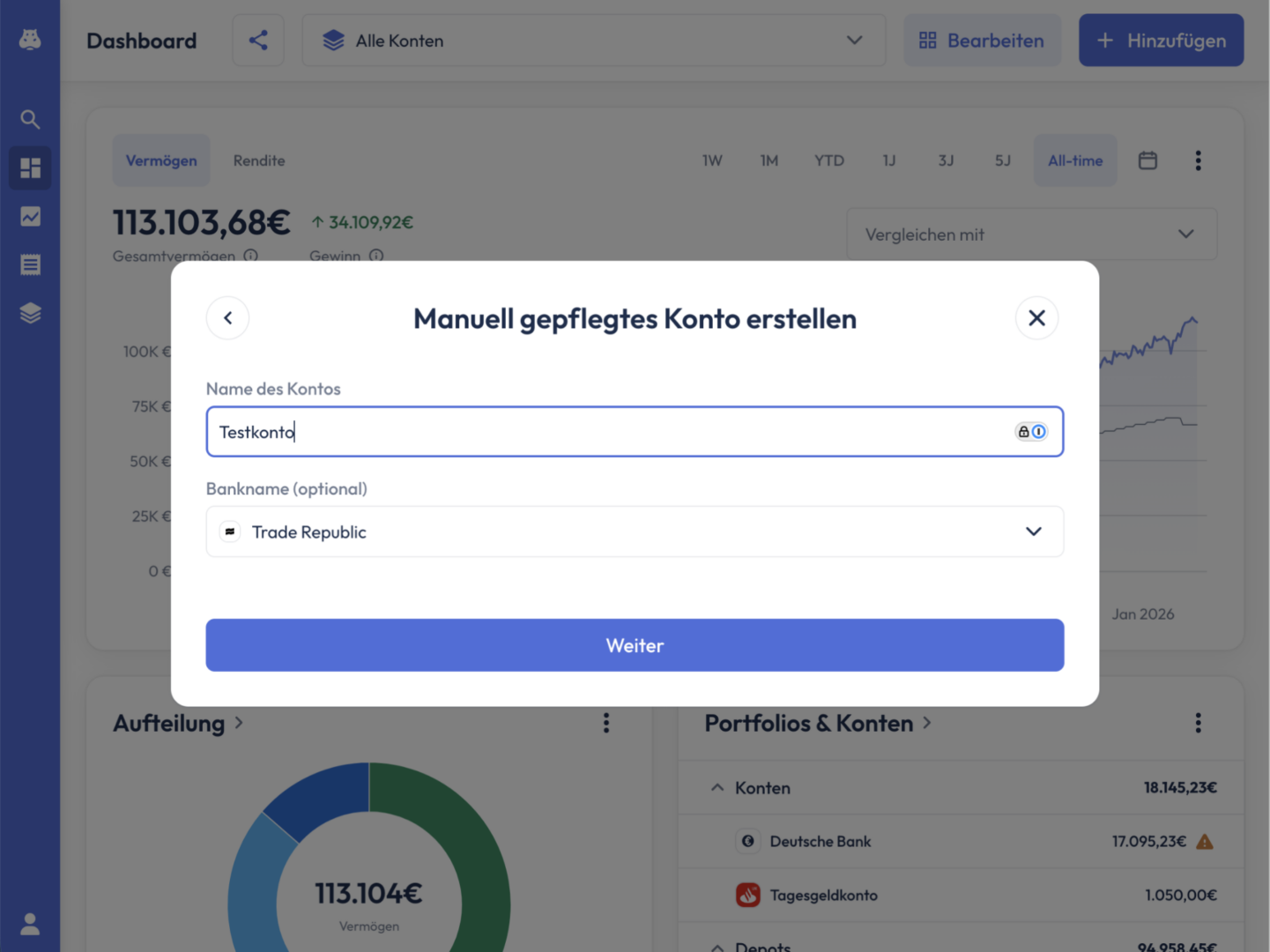Dialog ‚Manuell gepflegtes Konto erstellen‘ mit dem Eingabefeld ‚Name des Kontos‘ (Eingabe: Testkonto) und dem Auswahlfeld ‚Bankname (optional)‘ mit ausgewähltem ‚Trade Republic‘.