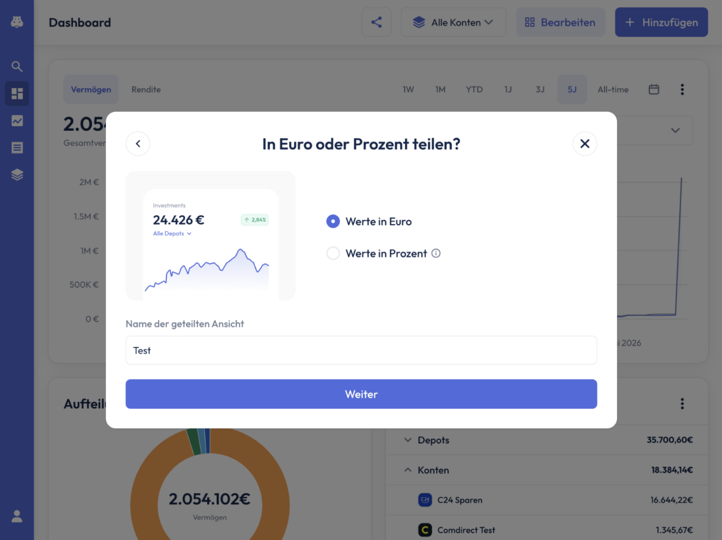 Individueller Link zum Dashboard mit Button "Link kopieren".