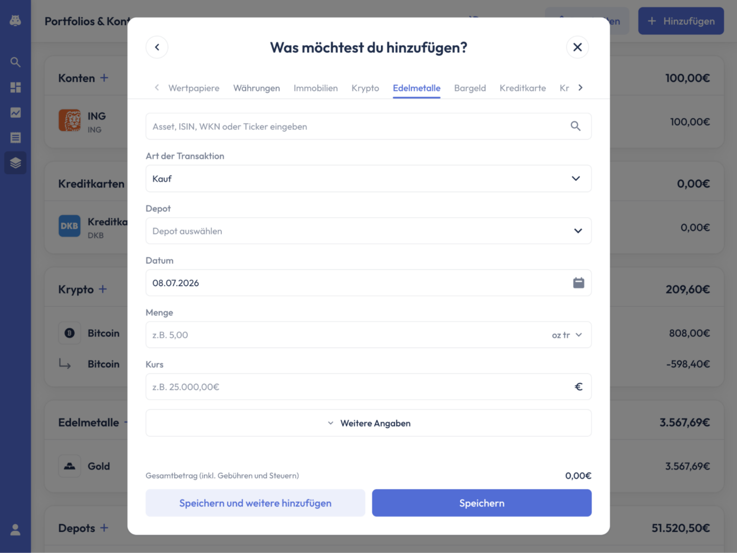 Leere Edelmetall-Importmaske mit den Eingabefeldern Suche, Art der Transaktion, Depot, Datum, Menge und Kurs sowie den Buttons ‚Speichern' und ‚Speichern und weitere hinzufügen'.