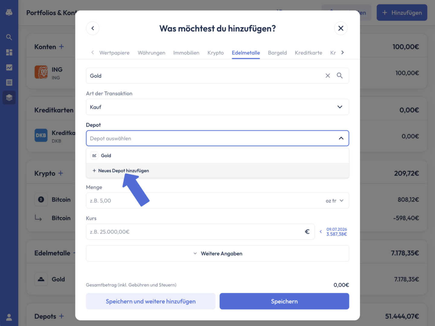 Edelmetall-Importmaske mit aufgeklapptem Feld ‚Depot auswählen'; ein Pfeil zeigt auf die Option ‚Neues Depot hinzufügen'.