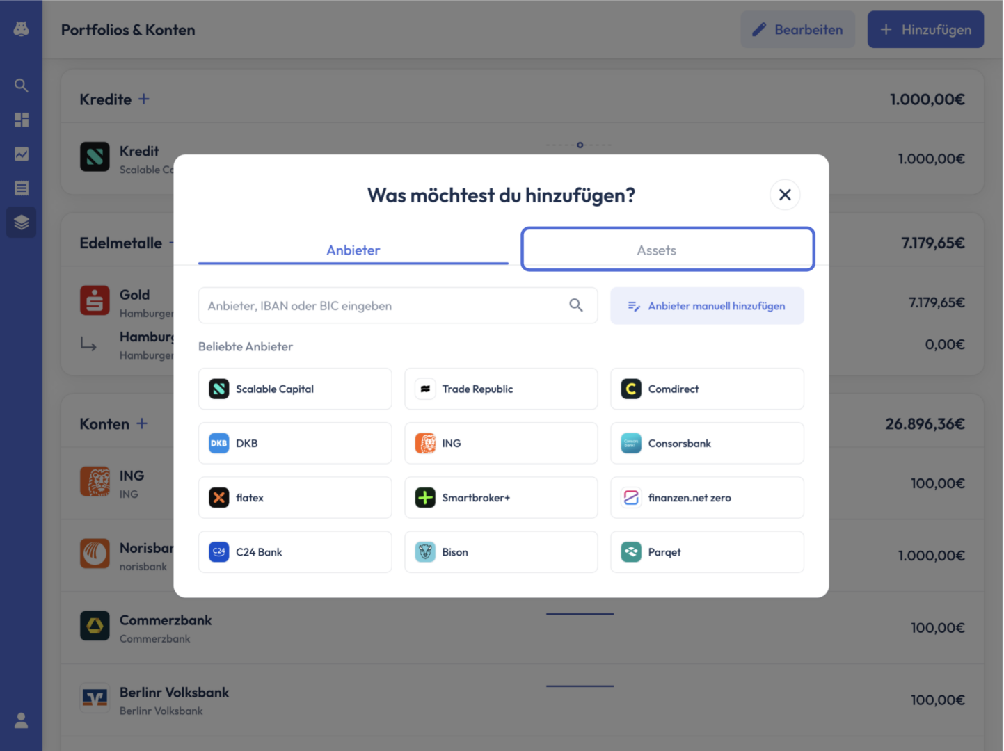 Dialogfenster ‚Was möchtest du hinzufügen?' mit ausgewähltem Reiter ‚Assets' und einer Liste beliebter Anbieter.